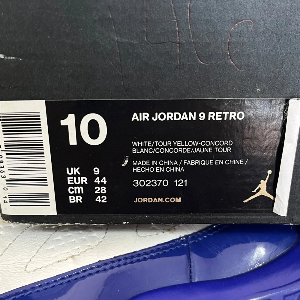 Men's Air Jordan 9 Retro White and Blue Sneakers with Yellow Accents 10